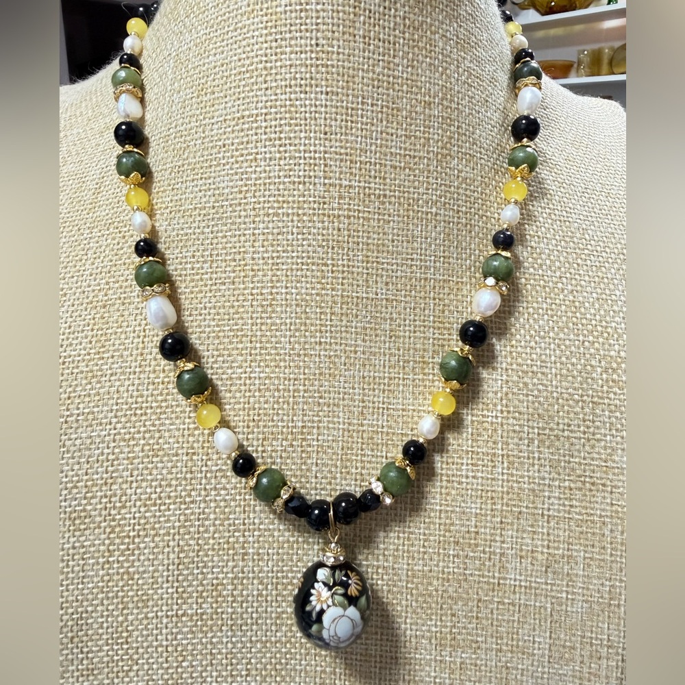 Hand made Vintage transfer bead with jade, citrine, fresh water pearls Necklace